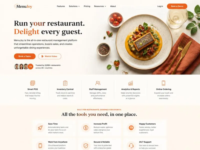 Web Design — MenuJoy — Restaurant Management Platform Design: website built by RebeDesign, modern design, desktop view