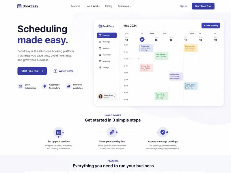 Web Design — BookEasy — Online Booking Platform UI/UX Design: website built by RebeDesign, modern design, desktop view